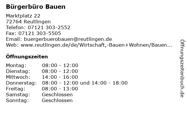 Bürgerbüro Bauen in Reutlingen: Adresse und Öffnungszeiten