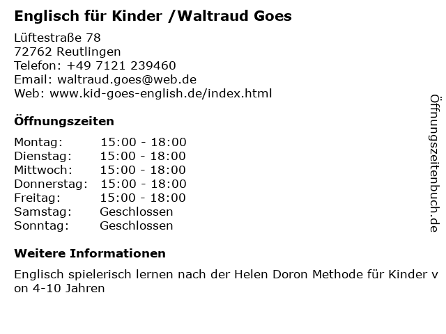Englisch für Kinder /Waltraud Goes in Reutlingen: Adresse und Öffnungszeiten