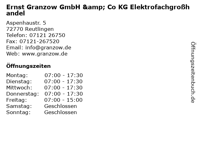 Ernst Granzow GmbH & Co KG Elektrofachgroßhandel in Reutlingen: Adresse und Öffnungszeiten