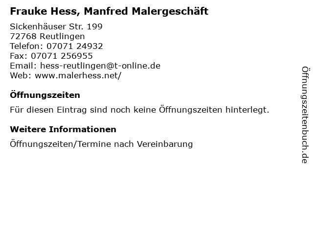 Frauke Hess, Manfred Malergeschäft in Reutlingen: Adresse und Öffnungszeiten