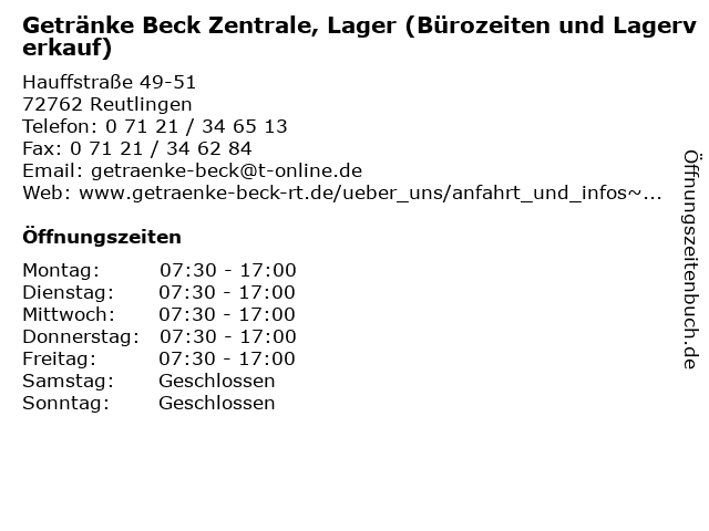 Getränke Beck Zentrale, Lager (Bürozeiten und Lagerverkauf) in Reutlingen: Adresse und Öffnungszeiten