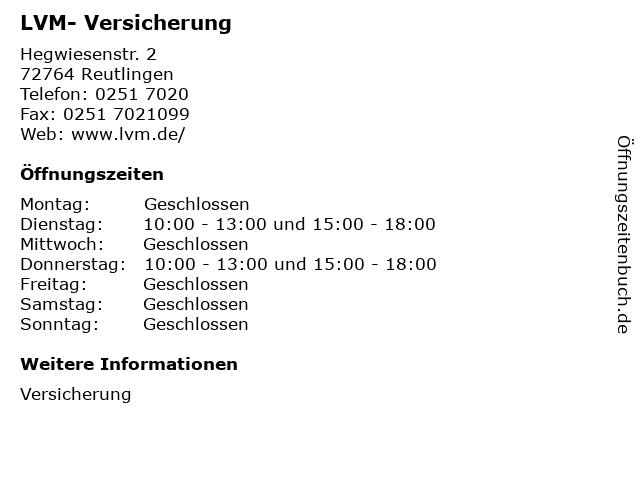 LVM- Versicherung in Reutlingen: Adresse und Öffnungszeiten