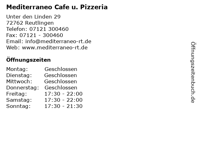 Mediterraneo Cafe u. Pizzeria in Reutlingen: Adresse und Öffnungszeiten