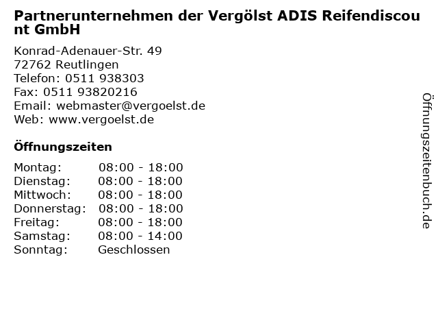 Partnerunternehmen der Vergölst ADIS Reifendiscount GmbH in Reutlingen: Adresse und Öffnungszeiten