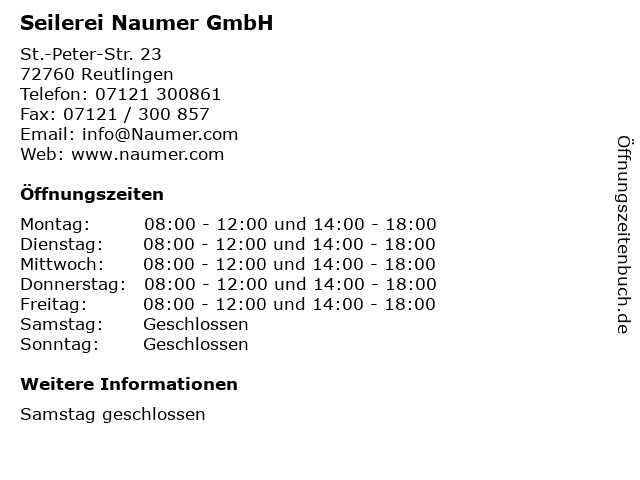 Seilerei Naumer GmbH in Reutlingen: Adresse und Öffnungszeiten
