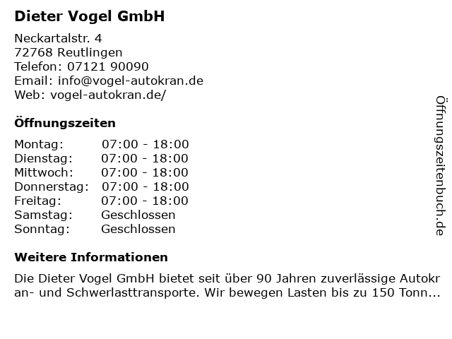ᐅ Offnungszeiten Vogel Dieter Gmbh Autokranverleih Neckartalstr 4 In Reutlingen