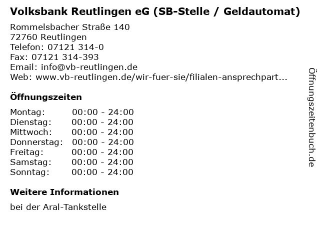 Volksbank Reutlingen eG (SB-Stelle / Geldautomat) in Reutlingen: Adresse und Öffnungszeiten