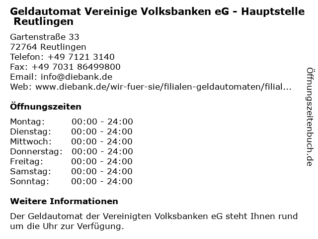 ᐅ Offnungszeiten Volksbank Reutlingen Eg Hauptstelle