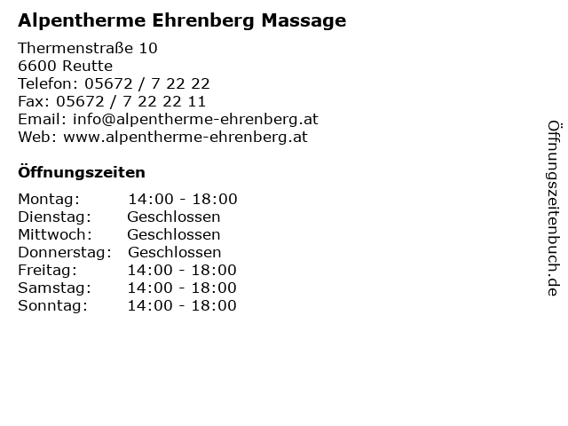 Alpentherme Ehrenberg Massage in Reutte: Adresse und Öffnungszeiten