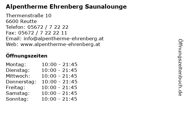 Alpentherme Ehrenberg Saunalounge in Reutte: Adresse und Öffnungszeiten