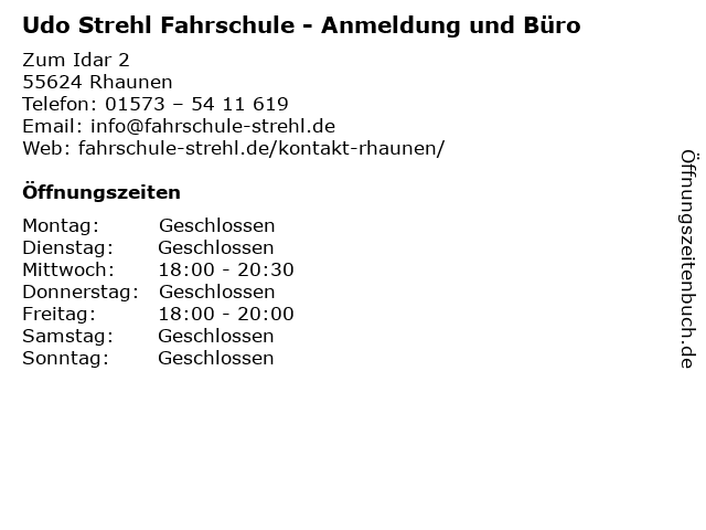 Udo Strehl Fahrschule - Anmeldung und Büro in Rhaunen: Adresse und Öffnungszeiten
