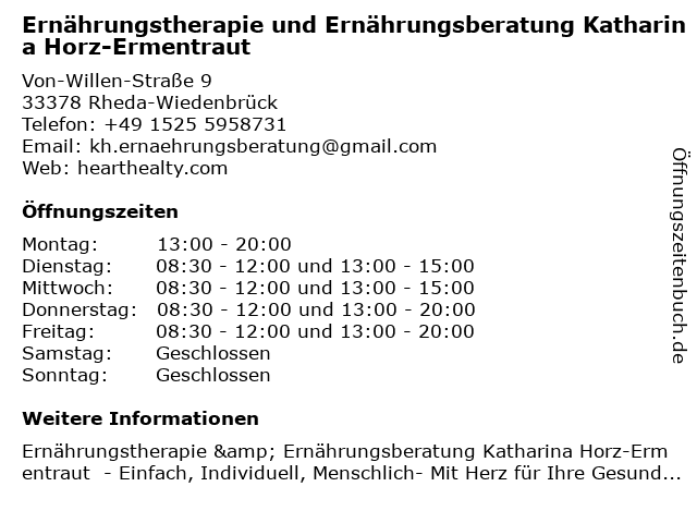 Ernährungstherapie und Ernährungsberatung Katharina Horz-Ermentraut in Rheda-Wiedenbrück: Adresse und Öffnungszeiten