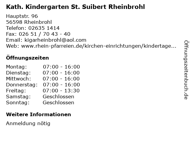 Kath. Kindergarten St. Suibert Rheinbrohl in Rheinbrohl: Adresse und Öffnungszeiten