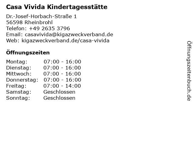 Kindertagesstätte Casa Vivida in Rheinbrohl: Adresse und Öffnungszeiten