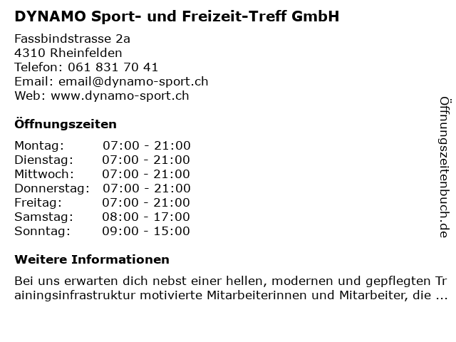 DYNAMO Sport- und Freizeit-Treff GmbH in Rheinfelden: Adresse und Öffnungszeiten