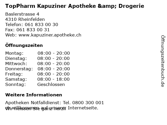 TopPharm Kapuziner Apotheke & Drogerie in Rheinfelden: Adresse und Öffnungszeiten