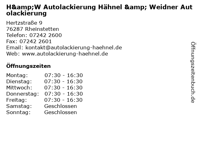 H&W Autolackierung Hähnel & Weidner Autolackierung in Rheinstetten: Adresse und Öffnungszeiten
