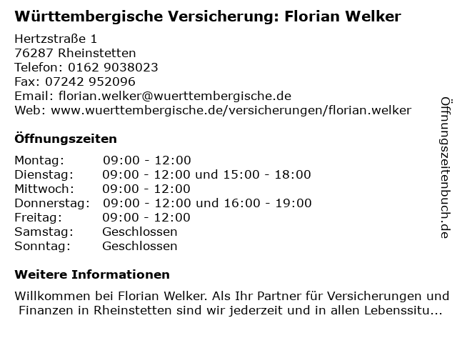 Württembergische Versicherung: Florian Welker in Rheinstetten: Adresse und Öffnungszeiten