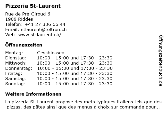 Pizzeria St-Laurent in Riddes: Adresse und Öffnungszeiten
