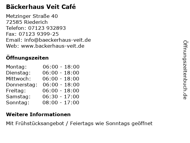 Bäckerhaus Veit Café in Riederich: Adresse und Öffnungszeiten