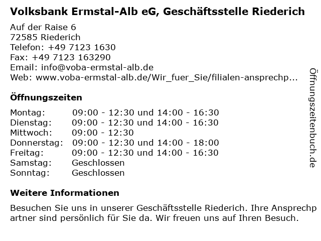 Volksbank Ermstal-Alb eG, Geschäftsstelle Riederich in Riederich: Adresse und Öffnungszeiten