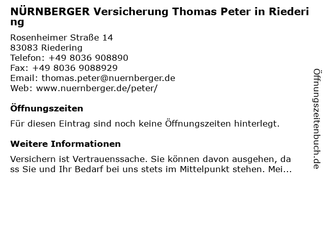 NÜRNBERGER Versicherung Thomas Peter in Riedering in Riedering: Adresse und Öffnungszeiten