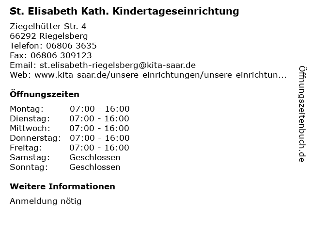 St. Elisabeth Kath. Kindertageseinrichtung in Riegelsberg: Adresse und Öffnungszeiten