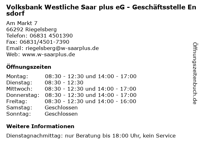 Volksbank Westliche Saar plus eG - Geschäftsstelle Ensdorf in Riegelsberg: Adresse und Öffnungszeiten