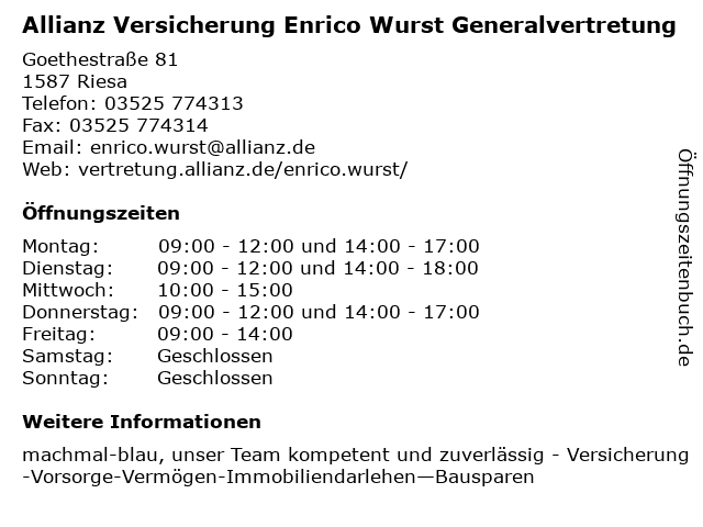 ᐅ Offnungszeiten Allianz Enrico Wurst Goethestr 81 In Riesa