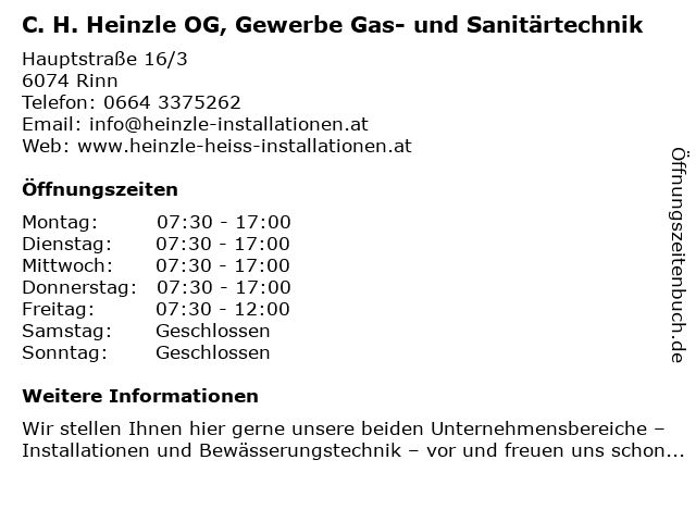 C. H. Heinzle OG, Gewerbe Gas- und Sanitärtechnik in Rinn: Adresse und Öffnungszeiten