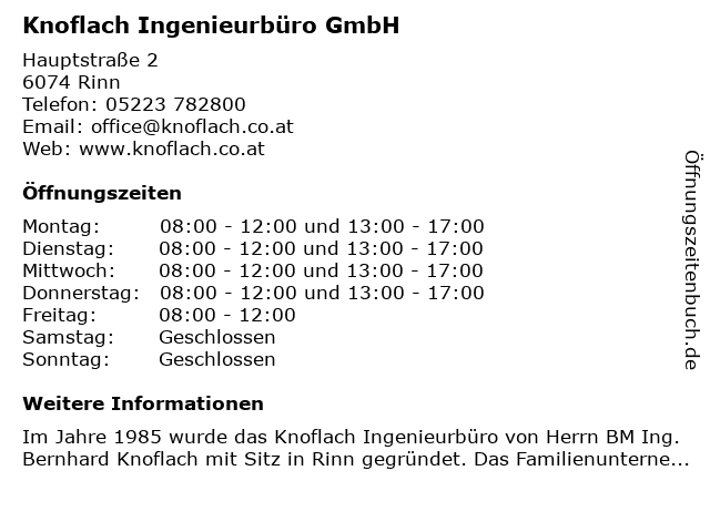 Knoflach Ingenieurbüro GmbH in Rinn: Adresse und Öffnungszeiten