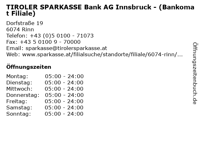 TIROLER SPARKASSE Bank AG Innsbruck - (Bankomat Filiale) in Rinn: Adresse und Öffnungszeiten