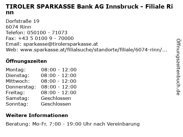 TIROLER SPARKASSE Bank AG Innsbruck - Filiale Rinn in Rinn: Adresse und Öffnungszeiten