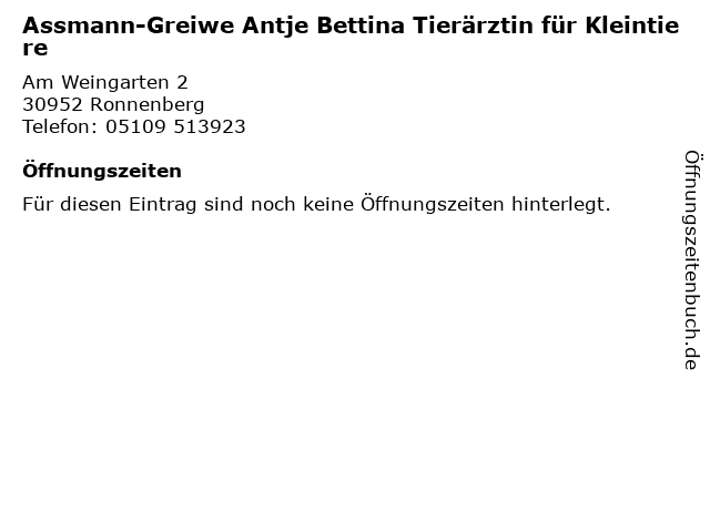 Assmann-Greiwe Antje Bettina Tierärztin für Kleintiere in Ronnenberg: Adresse und Öffnungszeiten