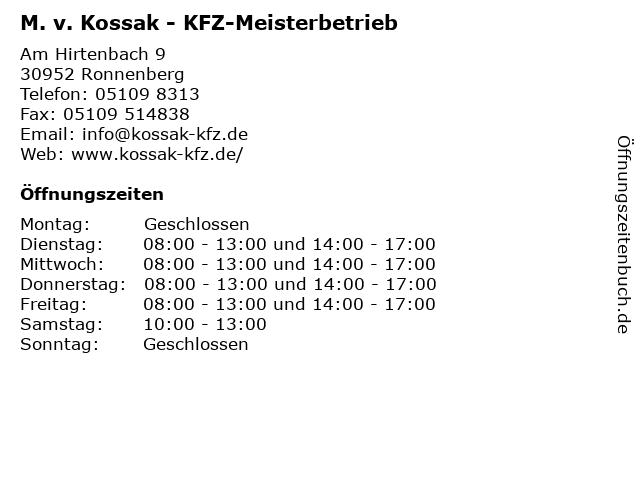 M. v. Kossak - KFZ-Meisterbetrieb in Ronnenberg: Adresse und Öffnungszeiten