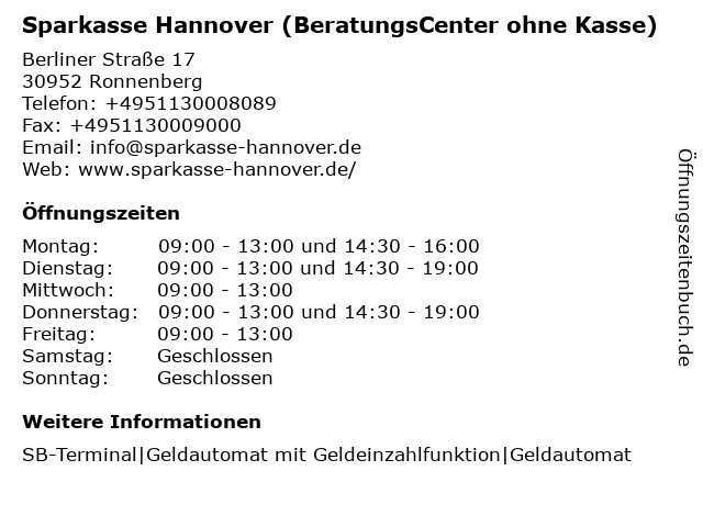 Sparkasse Hannover (BeratungsCenter ohne Kasse) in Ronnenberg: Adresse und Öffnungszeiten