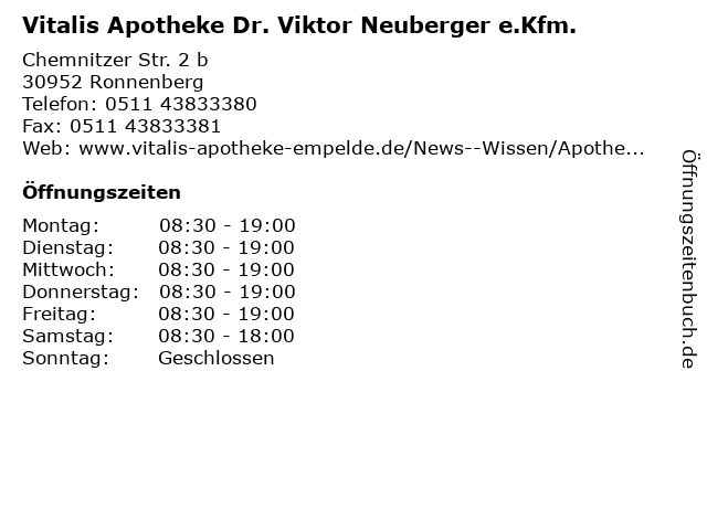 Vitalis Apotheke Dr. Viktor Neuberger e.Kfm. in Ronnenberg: Adresse und Öffnungszeiten