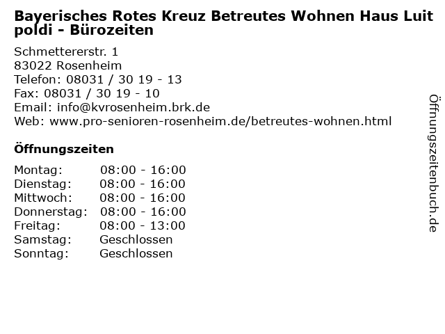 Bayerisches Rotes Kreuz Betreutes Wohnen Haus Luitpoldi - Bürozeiten in Rosenheim: Adresse und Öffnungszeiten