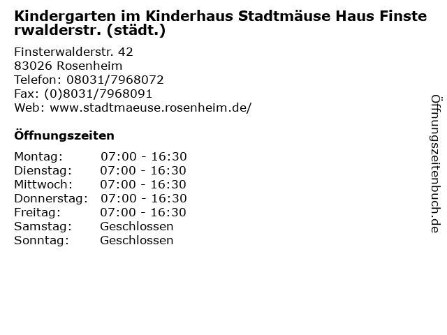 Kindergarten im Kinderhaus Stadtmäuse Haus Finsterwalderstr. (städt.) in Rosenheim: Adresse und Öffnungszeiten