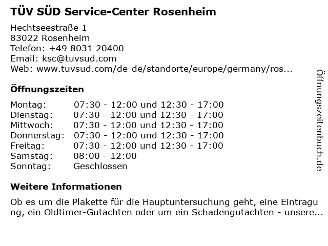 TÜV SÜD Service-Center Rosenheim in Rosenheim: Adresse und Öffnungszeiten