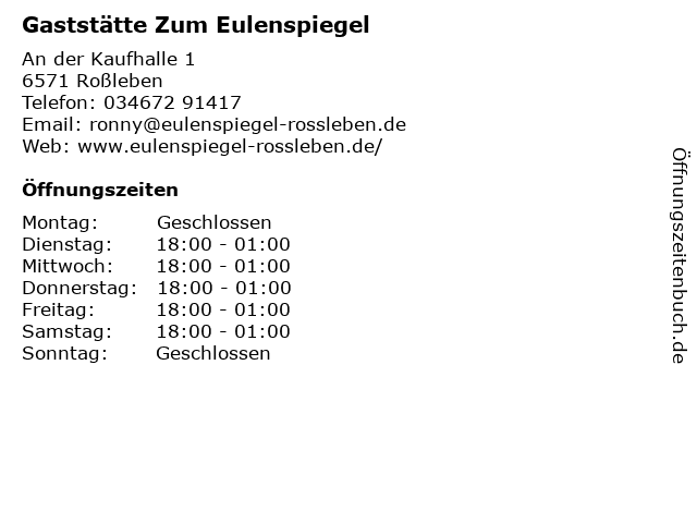 Gaststätte Zum Eulenspiegel in Roßleben: Adresse und Öffnungszeiten