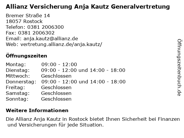 Allianz Versicherung Anja Kautz Generalvertretung in Rostock: Adresse und Öffnungszeiten