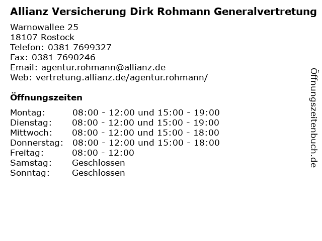 Allianz Versicherung Dirk Rohmann Generalvertretung in Rostock: Adresse und Öffnungszeiten
