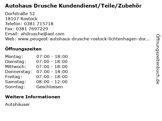Autohaus Drusche Kundendienst/Teile/Zubehör in Rostock: Adresse und Öffnungszeiten
