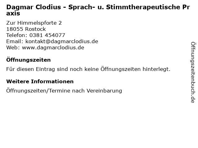 Dagmar Clodius - Sprach- u. Stimmtherapeutische Praxis in Rostock: Adresse und Öffnungszeiten