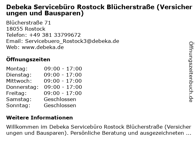 Debeka Servicebüro Rostock Blücherstraße (Versicherungen und Bausparen) in Rostock: Adresse und Öffnungszeiten