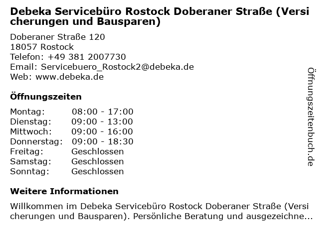 Debeka Servicebüro Rostock Doberaner Straße (Versicherungen und Bausparen) in Rostock: Adresse und Öffnungszeiten