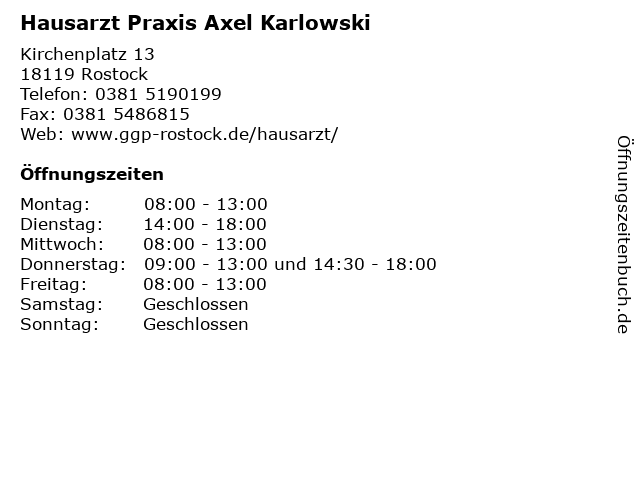 ᐅ Offnungszeiten Hausarzt Praxis Axel Karlowski Kirchenplatz