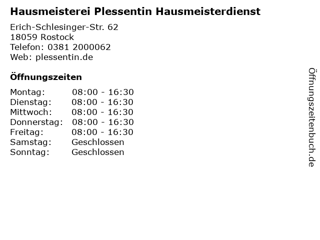 Hausmeisterei Plessentin Hausmeisterdienst in Rostock: Adresse und Öffnungszeiten