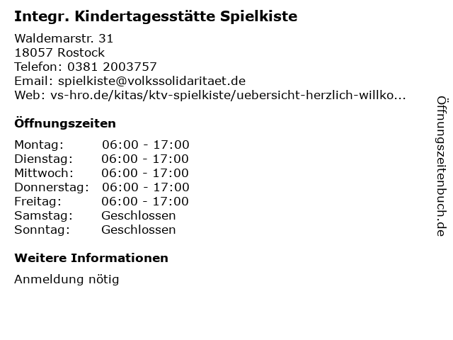 Integr. Kindertagesstätte Spielkiste in Rostock: Adresse und Öffnungszeiten